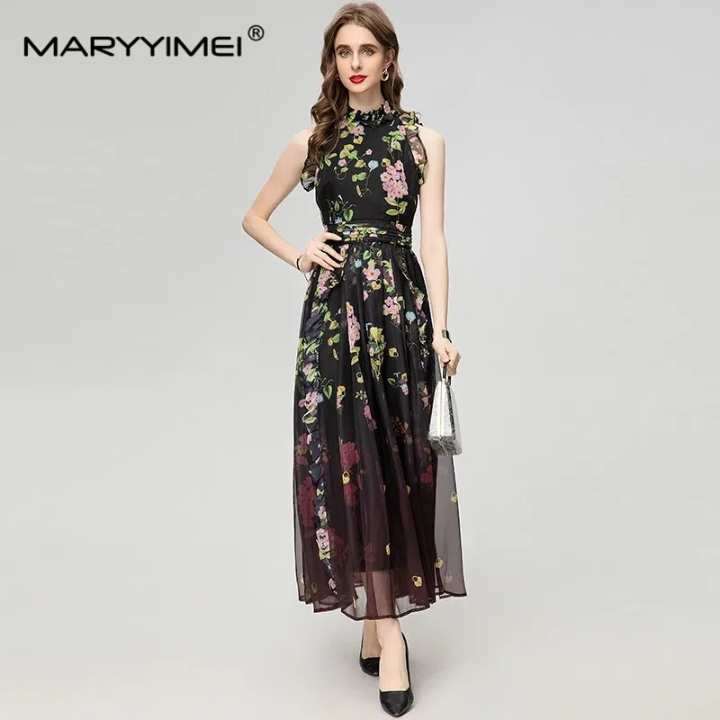 

MARYYIMEI New Fashion 2024 Long Dressess Stand-Up Collar Black Summer Printed Boho Camisole Sleeveless Dress