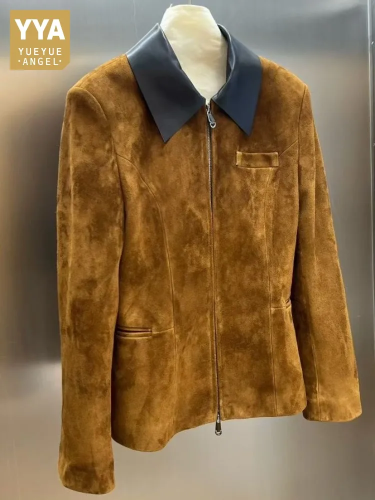 Capispalla in vera pelle confortevole da donna stile retrò con cerniera risvolto tinta unita maniche lunghe capispalla sottile in pelle scamosciata di pecora