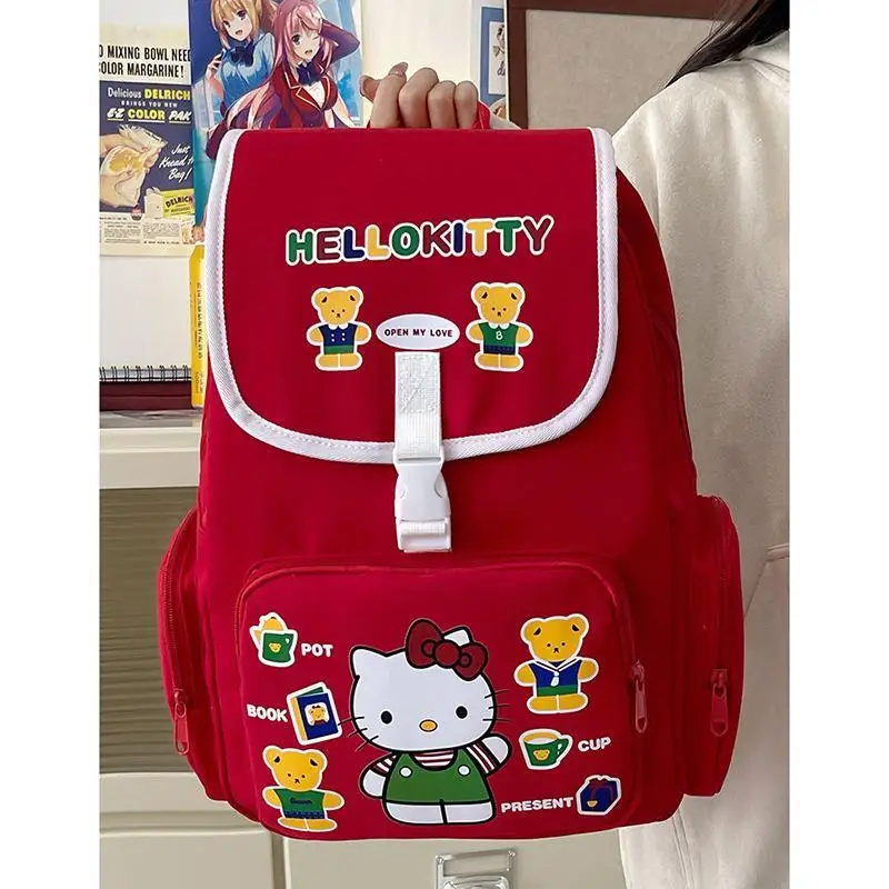 

Детский большой красный рюкзак Sanrio, с героями мультфильмов, Hellokitty, для семьи, для девочек, с сердечками, Холщовый, вместительный, для студентов, модный, для путешествий, универсальный