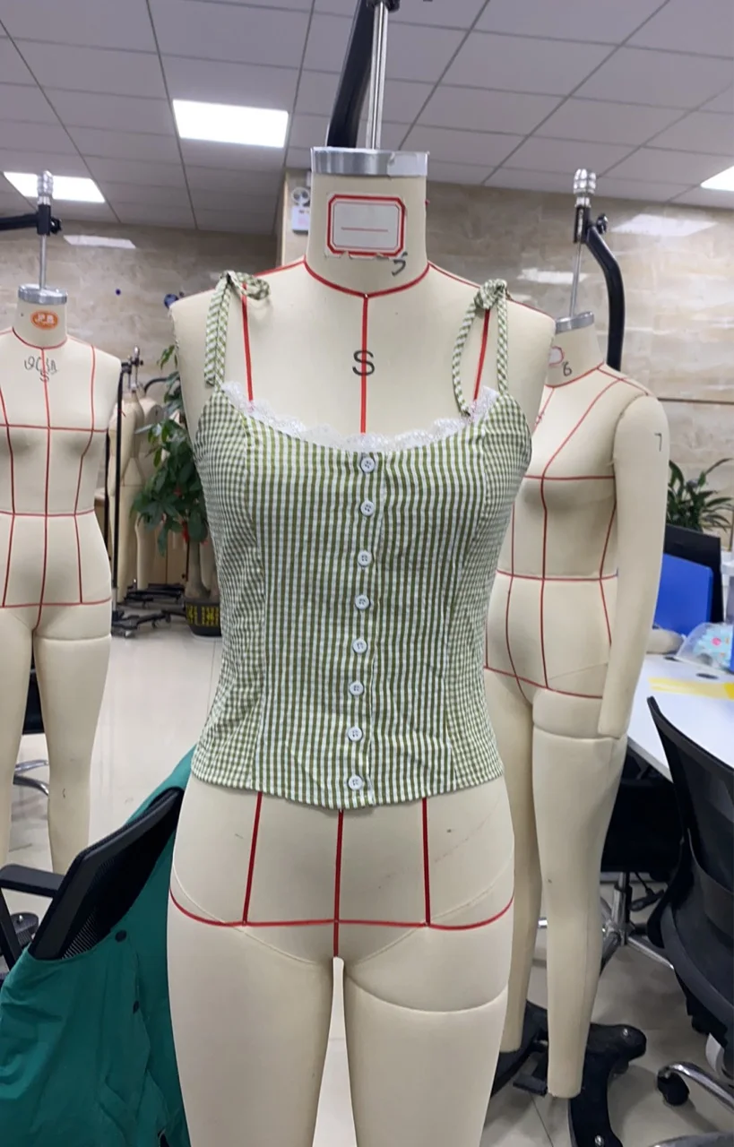 Women Plaid Camisole Slim Lace Trim Scoop Neck Tie-up Spaghetti Strap Crop Shirts Trendy Summer Streetwear