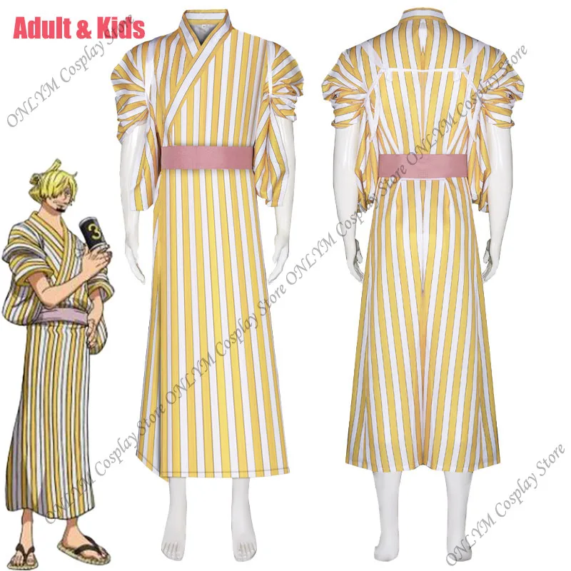 Disfraz de Anime Piece Sanji, traje de kimono Sanji, kimono de rayas amarillas, uniforme de juego de rol de Halloween para hombres