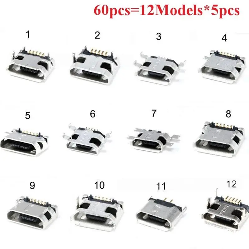 ABKI-Micro-USB Female Connectors 60PCS 5-Pin USB Socket 12 Types Micro-USB Male Plug Kit