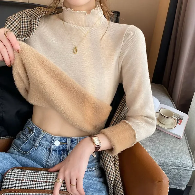Autumn Winter Sweater Women\'s Velvet Half Turtleneck Bottoming Shirt Inner Plus Velvet Thick Top Thermal Women Clothes