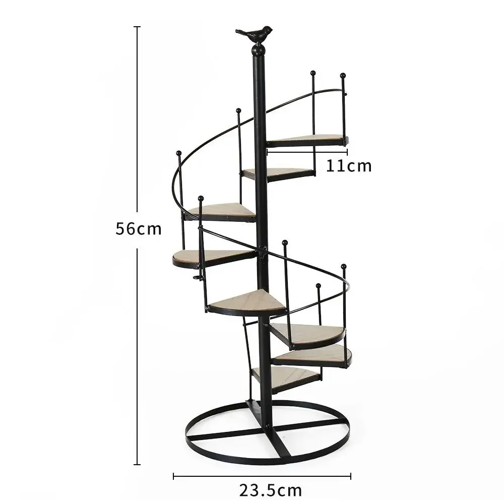 Nordic Wrought Iron Retro Flower Stand Solid Wood Multi-layer Patio Plant Pot Shelf Living Room Stair Shape Floor Flower Holder