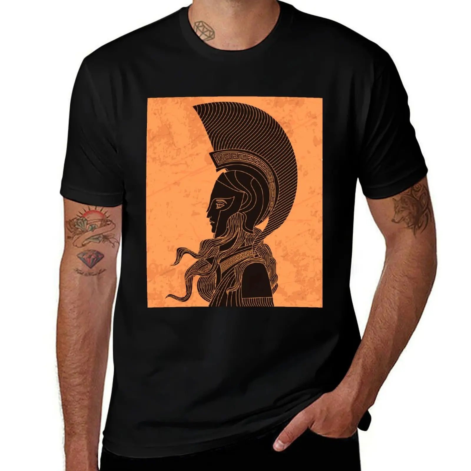 greek orange and black amphora drawing of athena T-Shirt Fashion Simple Casual Tee Shirt