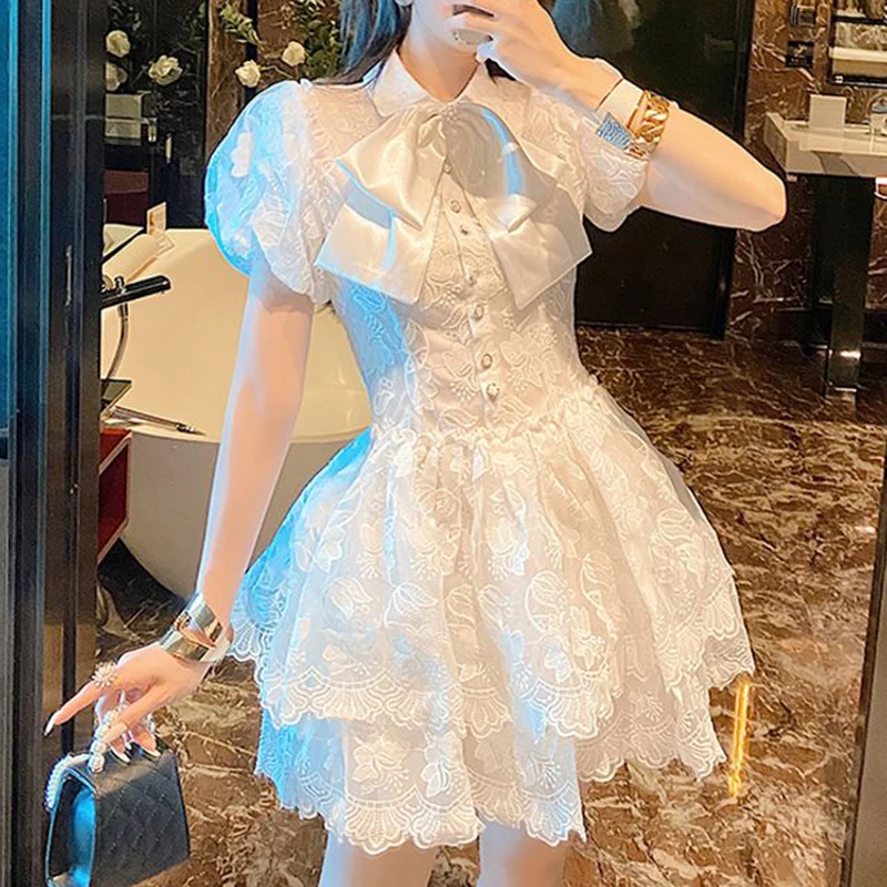 

2023 summer retro lapel single breasted white embroidered bubble sleeve a-line cake dress woman vestido feminino