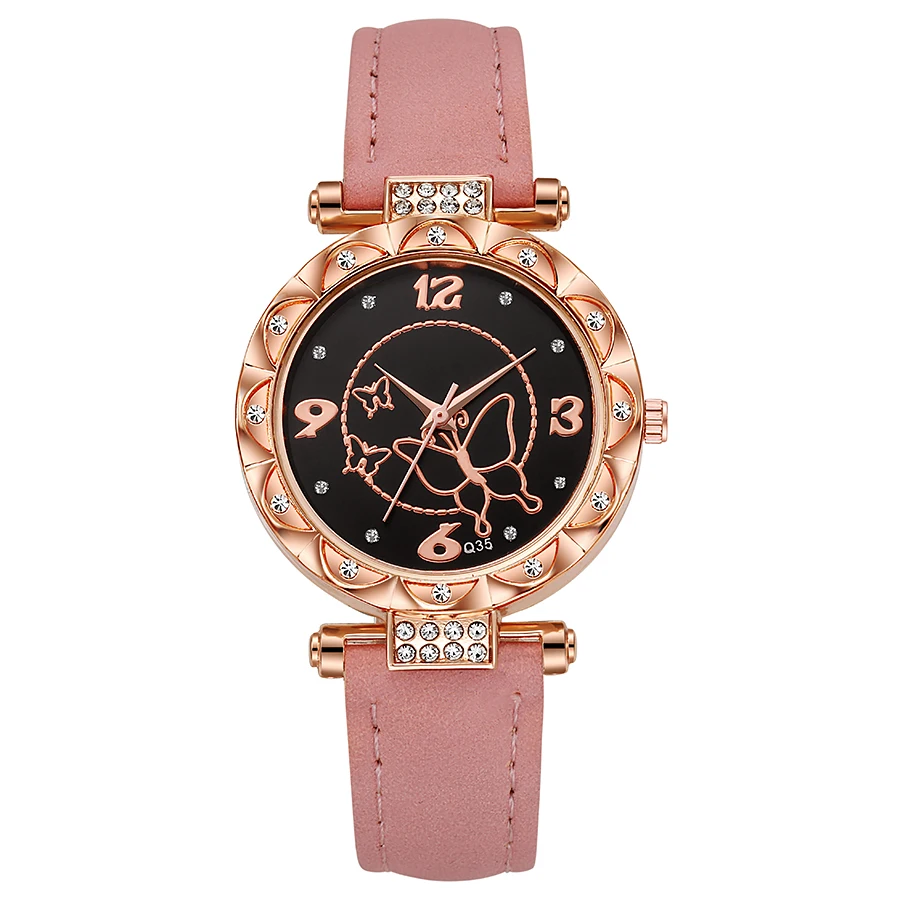 Fashion popular foreign trade rhinestone butterfly series abrasive leather strap watch girl watch gift