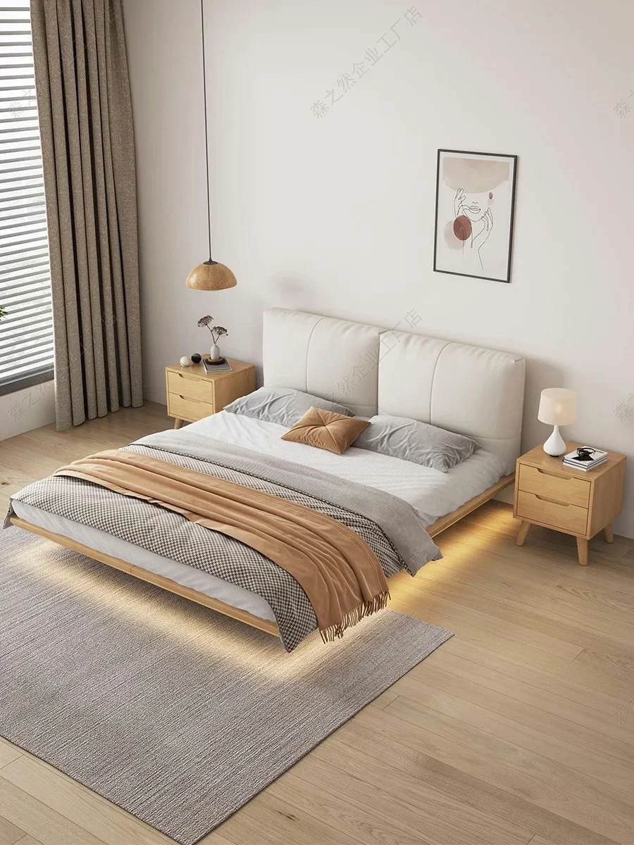 bed Nordic solid wood suspended , white wax wood headless , simple double , log style elephant ear tatami