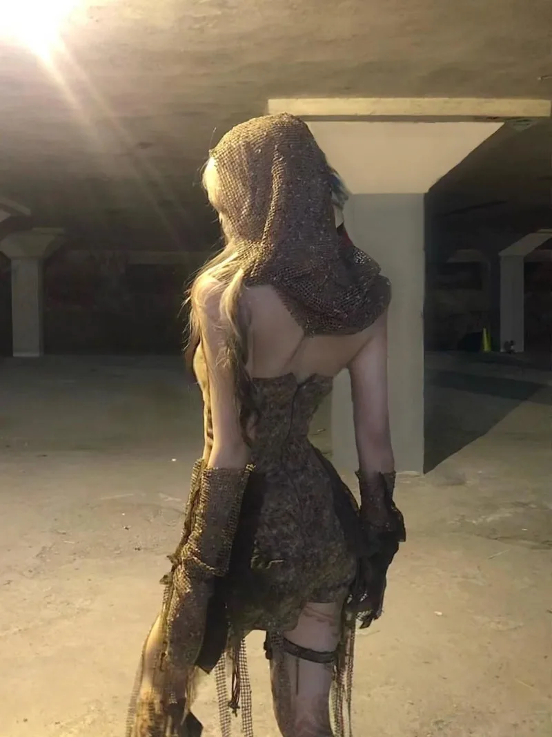 القوطية Harajuku Y2k فتاة حار ريترو خمر التعادل صبغ غير النظامية الدانتيل يصل حمالة + شورت + شال الحجاب مجموعة Y2k 3 قطعة مجموعات