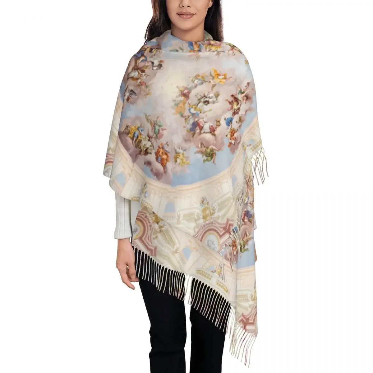 Renaissance Ceiling Art Scarf Wrap Women Long Winter Warm Tassel Shawl Unisex Vintage Gods Angels Fresco Scarves