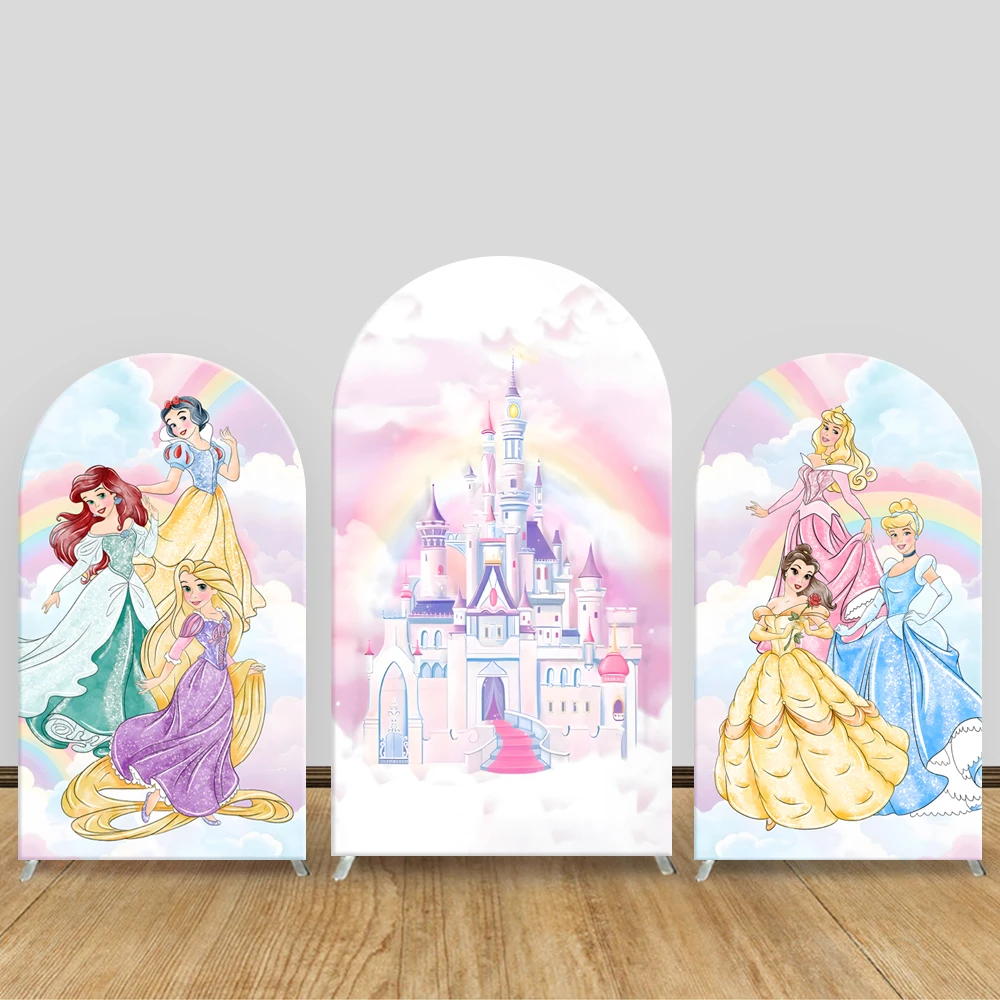 

Disney Princess Arch Backdrop Cover Girls Birthday Pink Castle Rainbow Photograph Background Baby Shower Kids Party Decorations