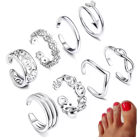 8Pcs Adjustable Toe Rings for Women Foot Ring Gold/Silver Color Metal Round Jewelry for Girls Summer Beach Barefeet Fashion