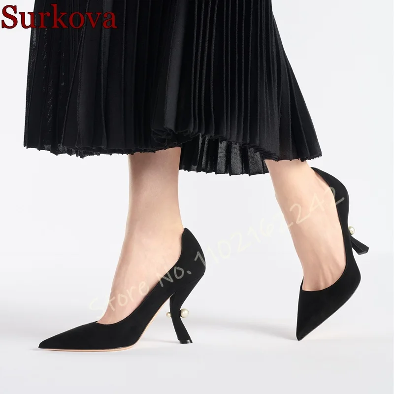 2025 Spring Women'S Suede Special-Shaped Pearl High Heels Pointed Toe Stiletto Pumps Women'S Shoes Elegant Banquet Dress Pumps