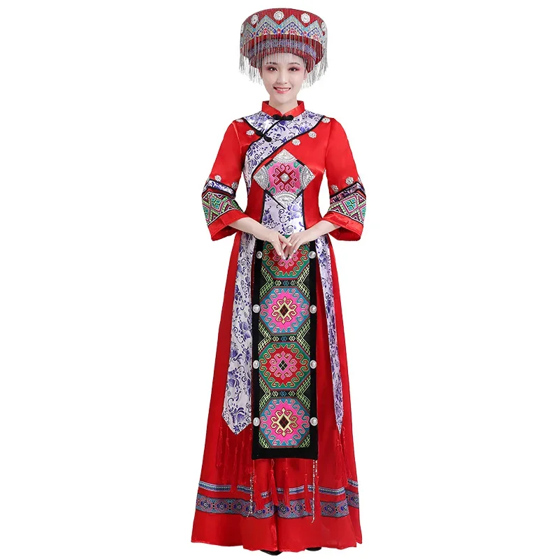 Tujia Dress up 여성 Xiangxi 무대 공연 댄스 세트 2피스 세트, 헤드기어 제외