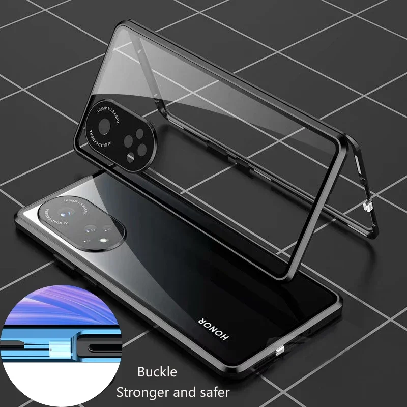 Magnetic Metal Front Back Glass Snap Buckle Case For Honor 200 Smart 90 Lite 50 70 Pro Plus Full Lens Protection Cover Cases