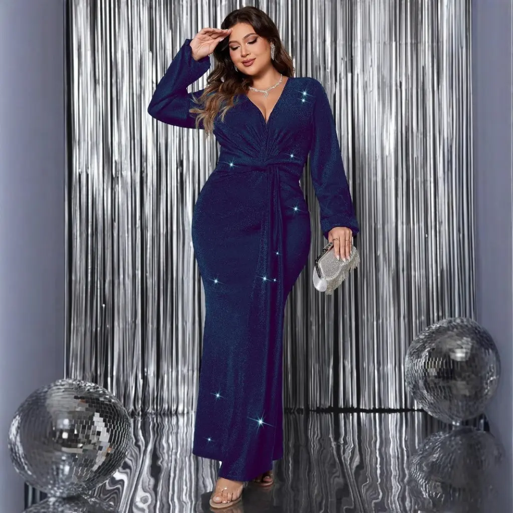 Abito da sera con scollo a V taglie forti Abito da banchetto a coda di pesce dimagrante elegante a maniche lunghe per donna Autunno Inverno Nuovo arrivo