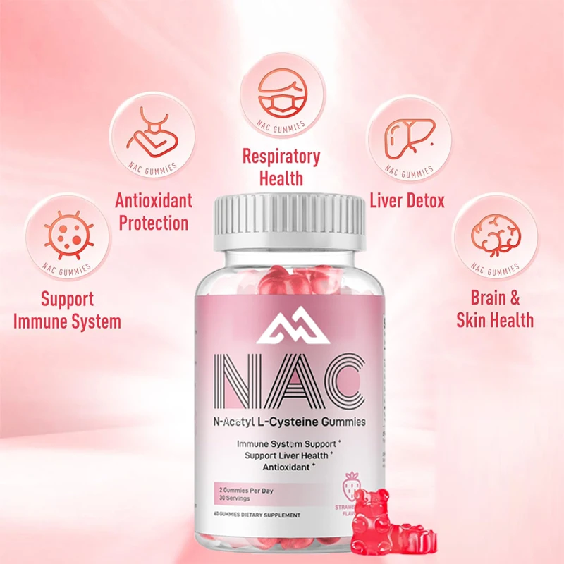 NAC gummies 600mg, used for antioxidants and immune support, lung and liver health, natural strawberry flavor, 60 pills