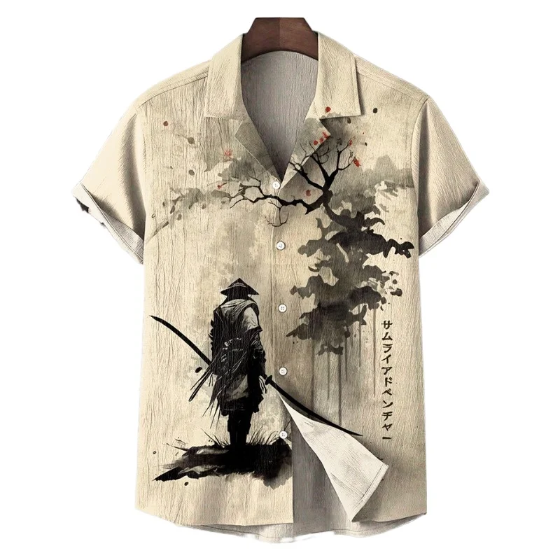 

Men's Forest Knight Print Short Sleeve Shirt Retro Harajuku Button Down Shirts Summer Hipster Hip Hop Tops Holiday Casual Shirt