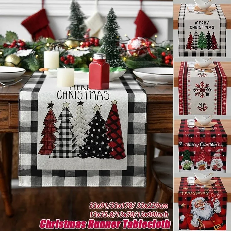 

Christmas Tablecloth Watercolor Plaid Christmas Tree and Snowflakes Santa Merry Christmas Print Waterproof Christmas Decor