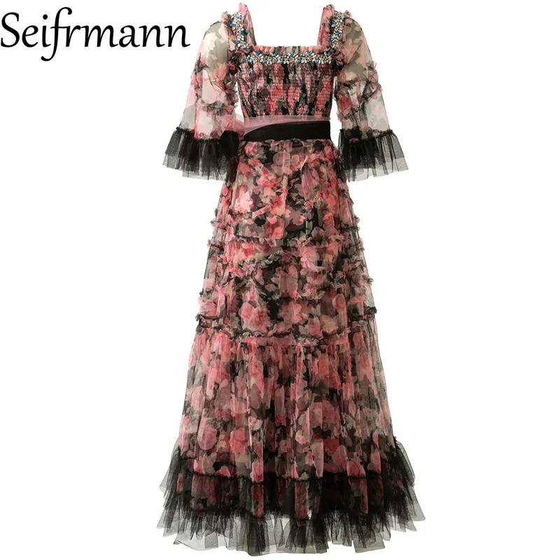 Seifrmann Spliced ​​beaded print dress square neck short-sleeved lace-up waist long dress 2026 autumn women's new style