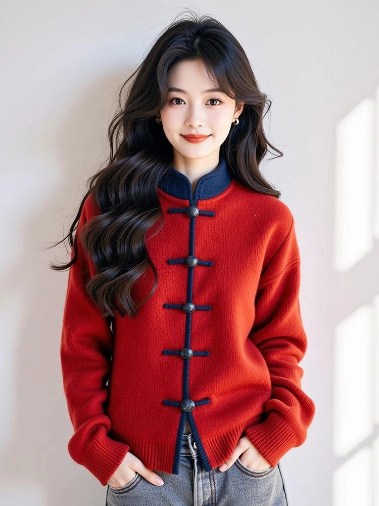 

Sli Red Chinese Collar Sweater Casual Versatile Slimming Trendy Winter New Arrival Women's Camere Knitwear Stand Collar