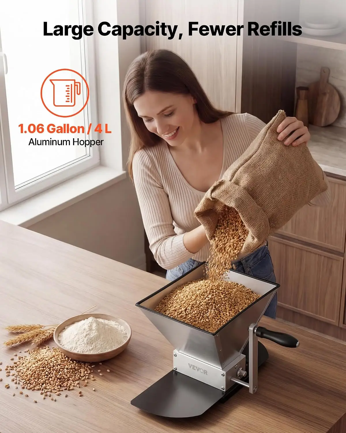 Manual Grain Mill, Homebrew Malt Grinder, Adjustable Barley Mill Crusher for Wheat Beer Brewing - with 2 Stainless Steel Rollers