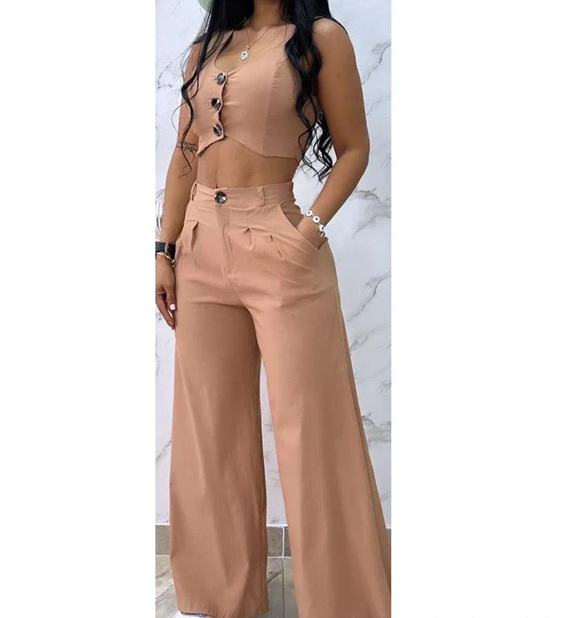 

Two Piece Sets Womens Outifits Buttoned Vest Coat & Sexy Elegant High Waist Wide Leg Pants Set Fashion New Casual Female Suit