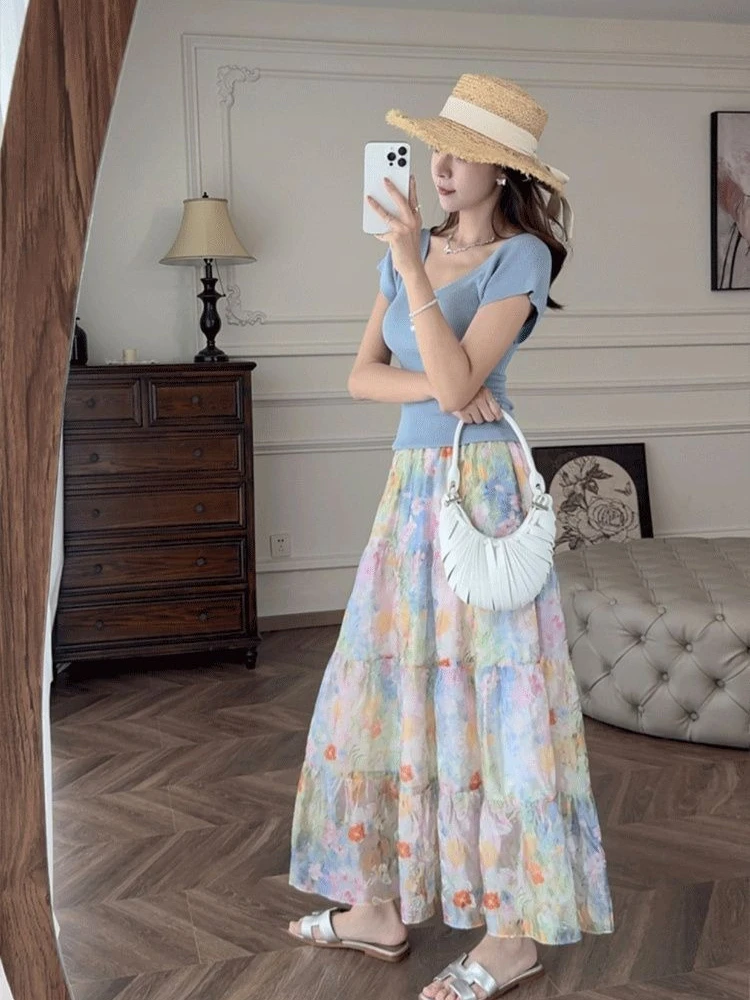 Dopamine Summer Skirt Women High Waist A-Line Floral Print Tiered Midi Length Colorful Artistic Design Feminine Stylish