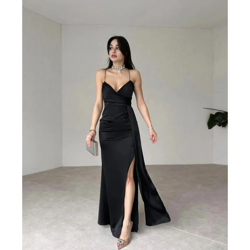 Fimora Sexy Mermaid Black Prom Gown Spaghetti Straps Ruffled Party Evening Dress Floor Length Formal Occasion Dresses customized