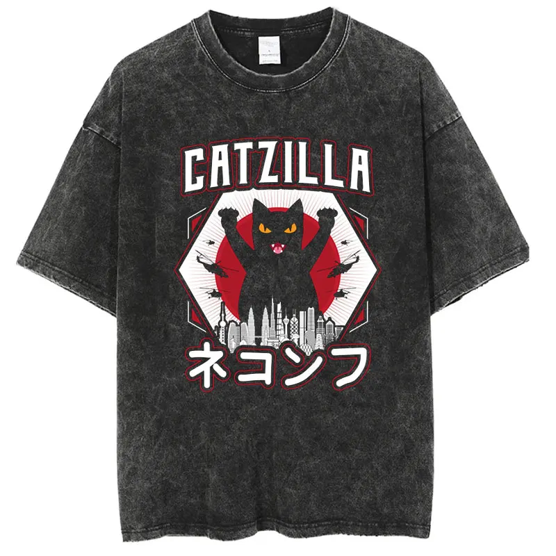 

Summer America and Other Old Washed Cross-border Large Size Loose T-shirt Catzilla Monster Cat Male and Female Students Tide