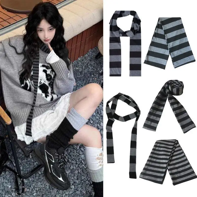 حار وشاح طويل فاسق أسود رمادي مخطط المختنق وشاح المراهقين فتاة 2000s برقبة نحيل رقيقة الرقبة أدفأ الرقبة التفاف الإكسسوار