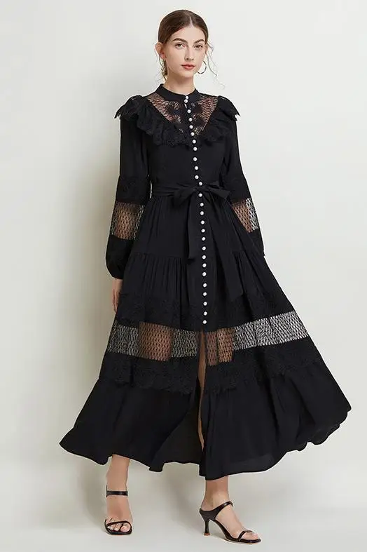 Fashion Runway Summer Hollow Out High Quality Casual Sashes Largo Vestidos Robes Lace Patchwork Maxi Long Prom Dress Women Party