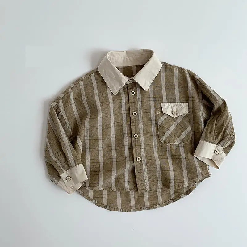 

2025 Summer New Children Short Sleeve Shirts Cotton Versatile Boys Thin Plaid Shirts Kids Casual Coat Baby Girls Loose Tops