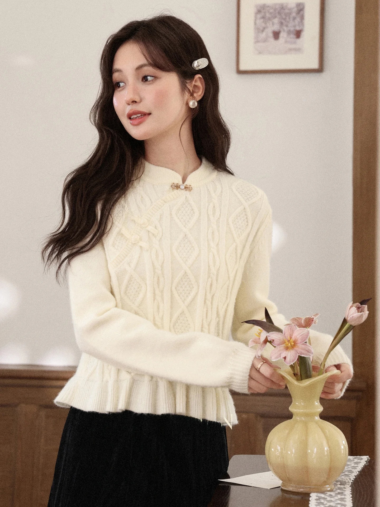 

Autumn New Sle Long Sve Women's Knitted Sweater Design Sensation South Deer White Dew Fall Faion National Sle Apricot