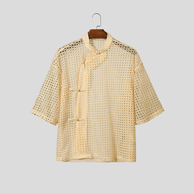 

INCERUN Men's Shirt Solid Hollow Out See Through Half Sleeve Button Men Clothes Streetwear Loose 2026 Sexy Casual Shirts For Man