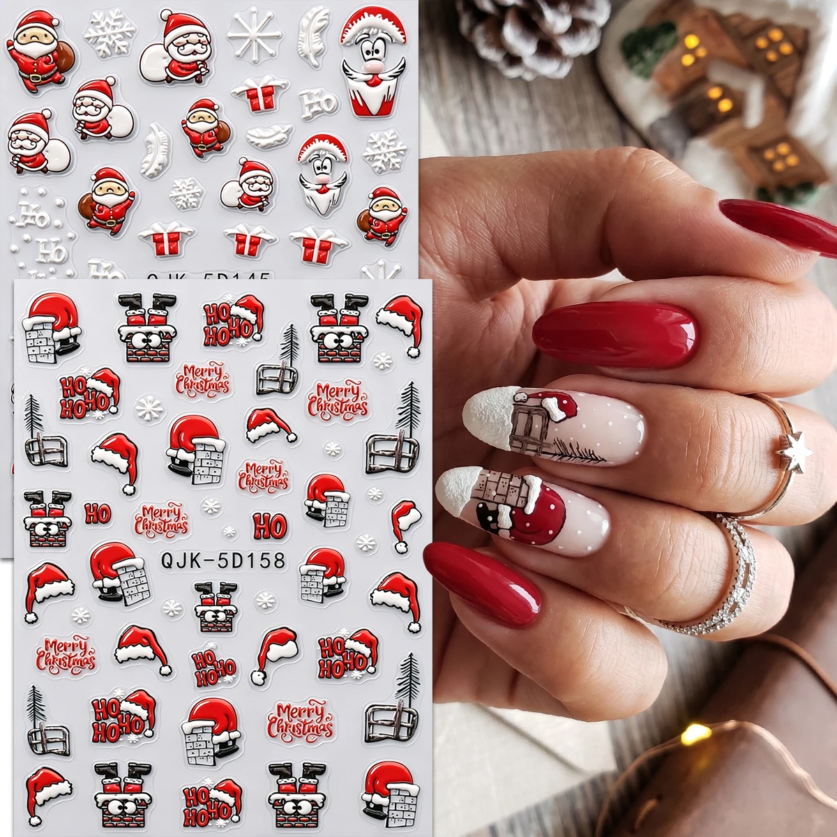 2/3/6Pcs 5D Embossed Christmas Nail Stickers, Santa Chimney Snowflake Decals, Red White Multicolor Nail Supplies