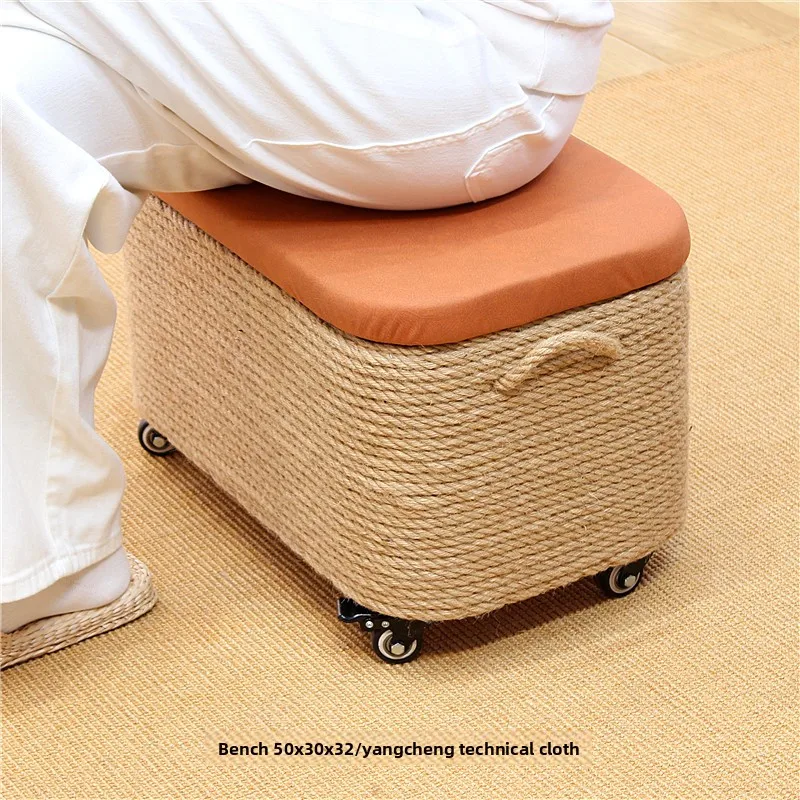 Rope Rolling Storage Stool Solid Wood Ottoman, Wicker Shoe Bench with Hidden Compartment, Entryway Sitting Box with Casters