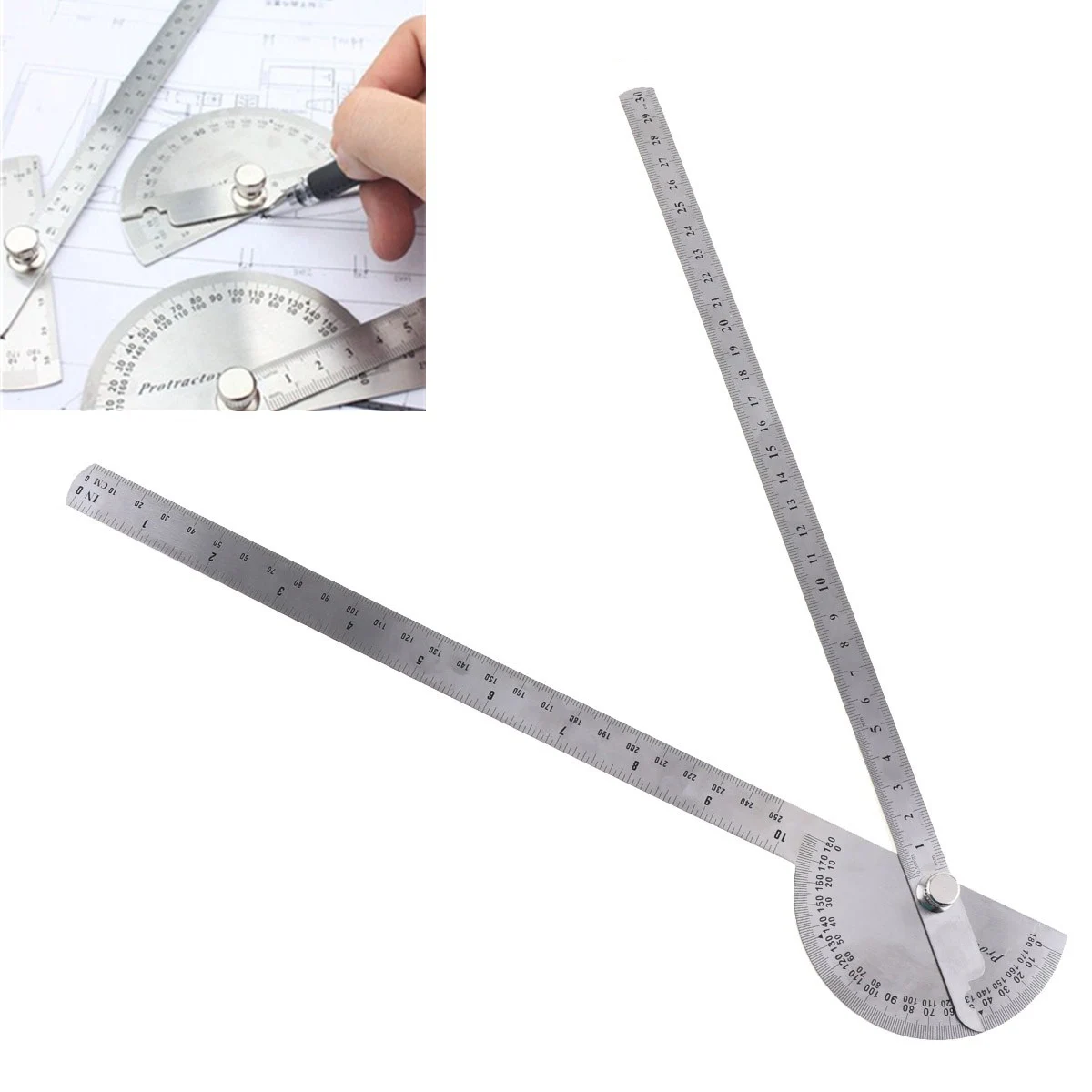 180 Degree 250 x 300mm Stainless Steel Adjustable Double-arm Angle Ruler with Round Head Rotary Protractor and Adjustable Nut