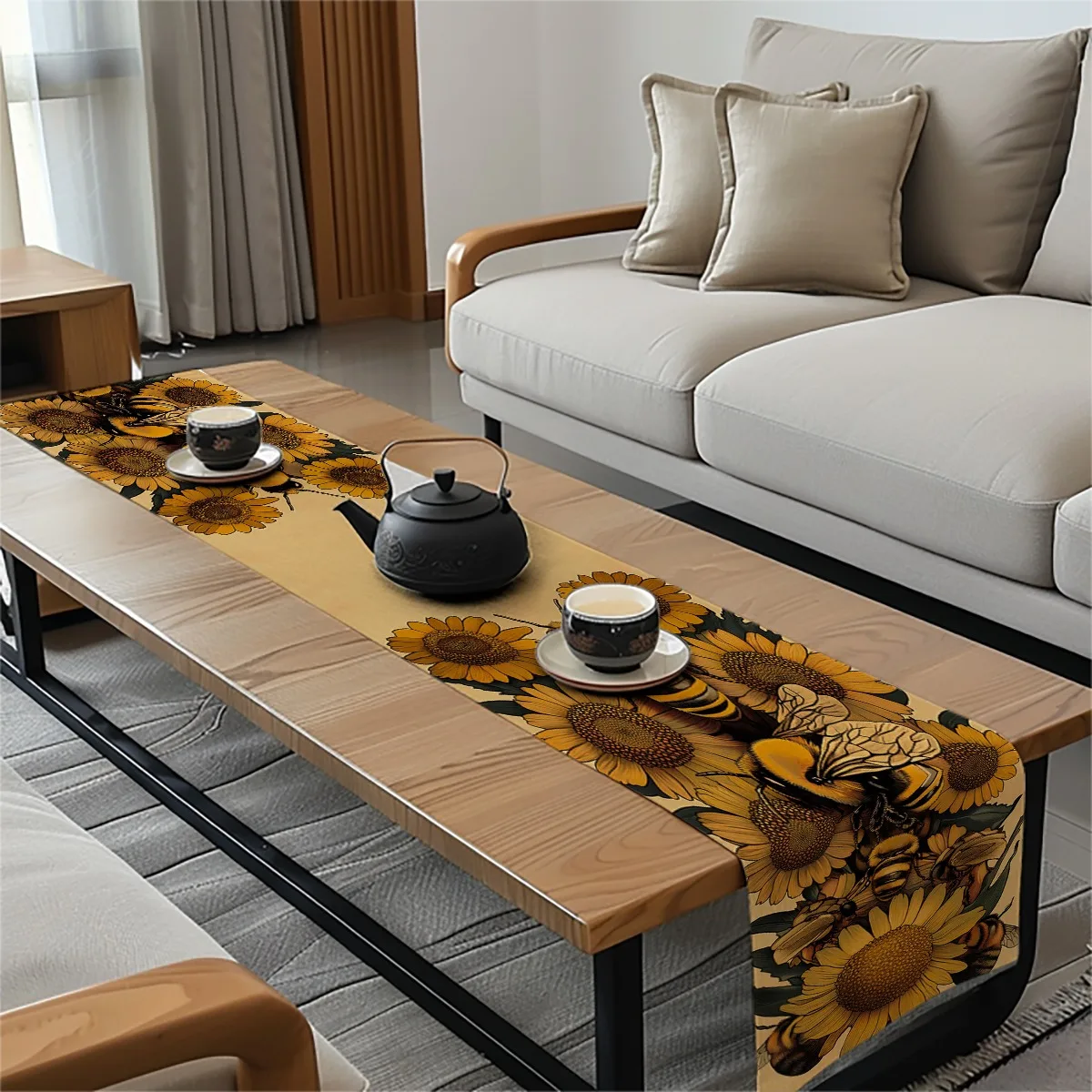 decorations table runner Hedgehog & Daisy Floral Watercolor Painting Impressionistic Style Tablecloth for Home Kitchen Party Set