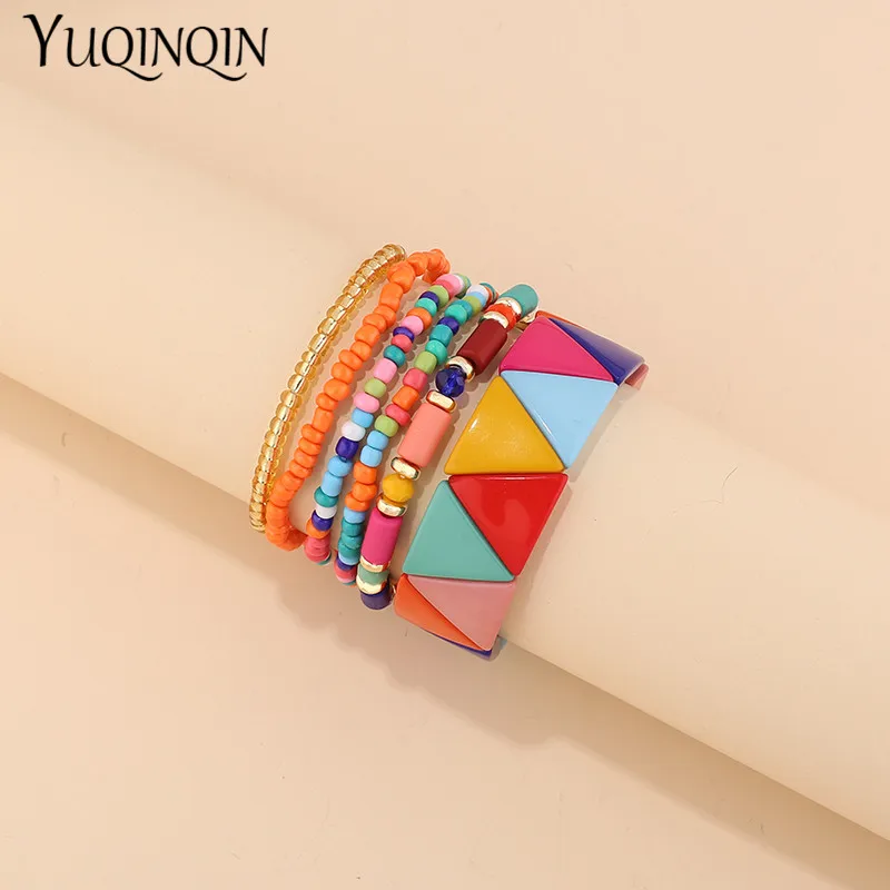 Trendy Acrylic Bohemian Bracelets Set for Women Men Multi-layer Seed Beads Chain Bracelet Bangles Charm Ladies Fashion Jewellery