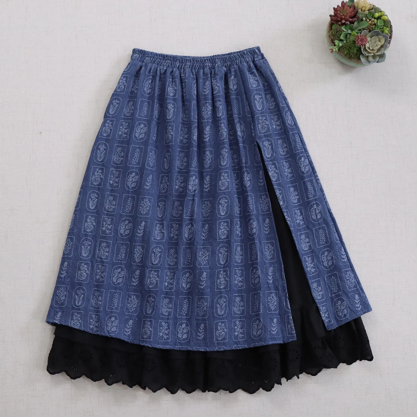 Japanese Vintage Mori Girl Floral Print Double Layer Cotton Skirts Women Autumn Elastic Waist Casual Loose A-Line Midi Skirts