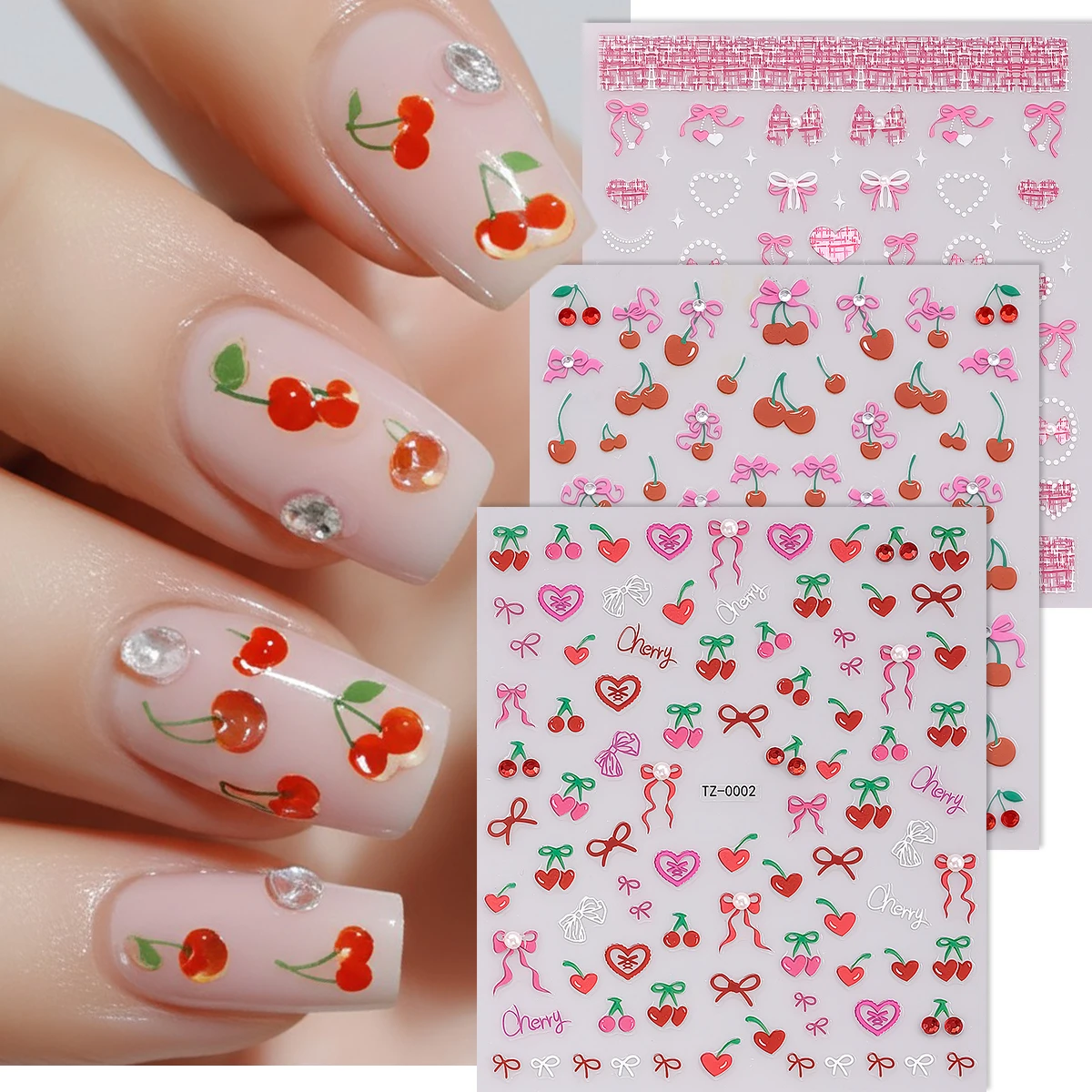 

3pcs Summer Fruit Nail Art Sticker 5D Cherry Bowknot Heart Pearl Self-Adhesive Decoration Nail Stickers DIY Manicure Decals
