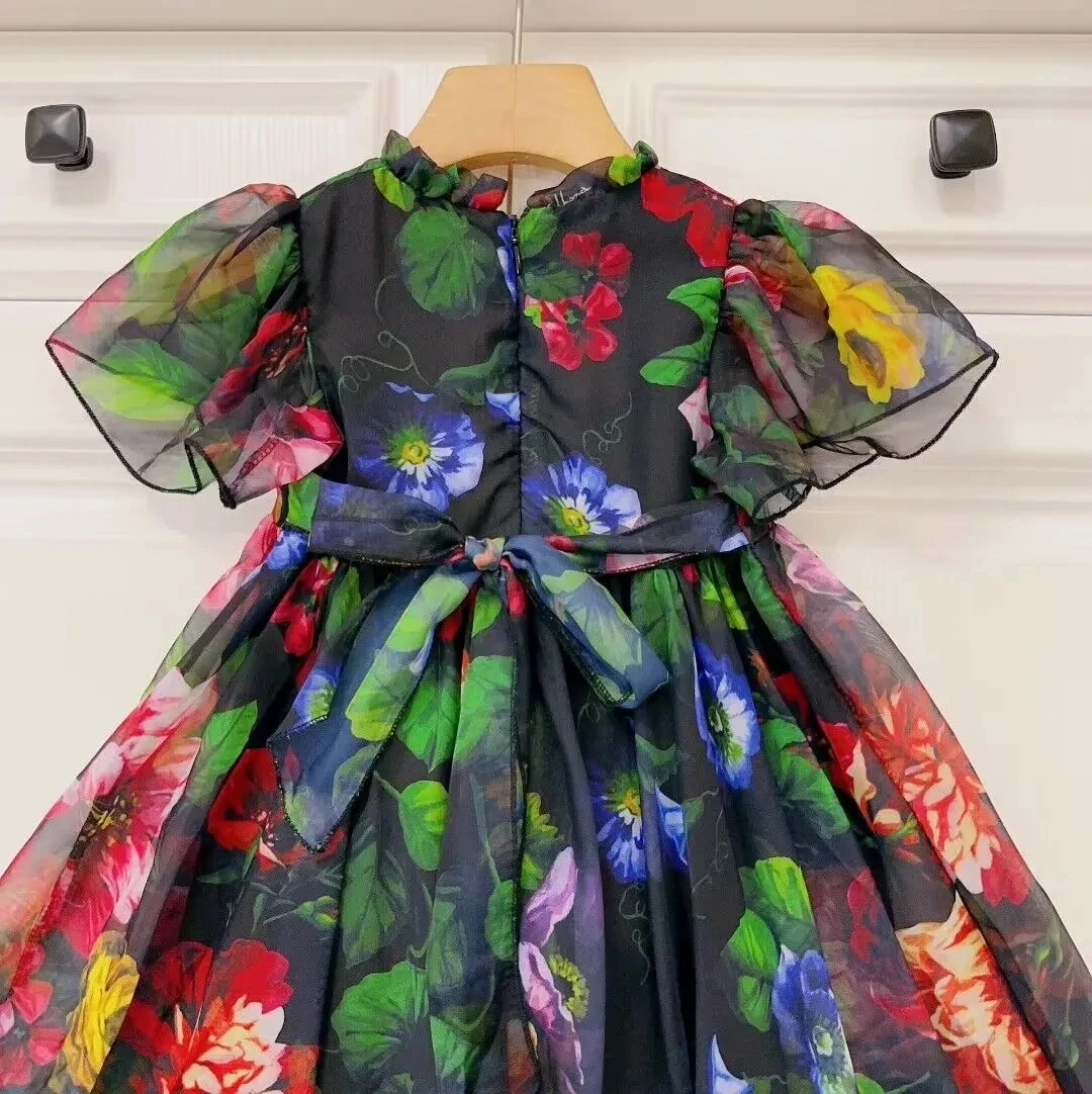 2025 New Girls dress black flower dress soft cotton lining children dress high end children clothing