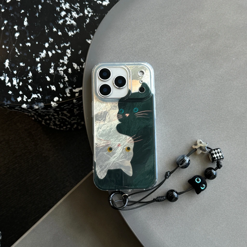 Cartoon Cute Black White Cats Wrinkled Texture With Lanyard Shock Proof Phone Cover Case for iPhone 17 16 15 14 13 Pro Max