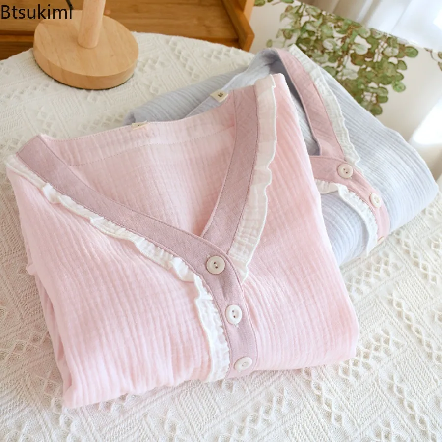 New 2025 Spring Women's Long Skirt Cotton Yarn Crepe Fabric Nightdress Two Colors Loose Cotton Long Sleeve Home Dress Sleepwear