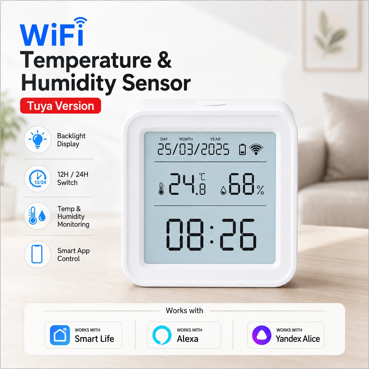 Tuya WIFI Temperature Humidity Sensor Hygrometer Thermometer Smart Home Backlight Work with Yandex Smart Life Alexa