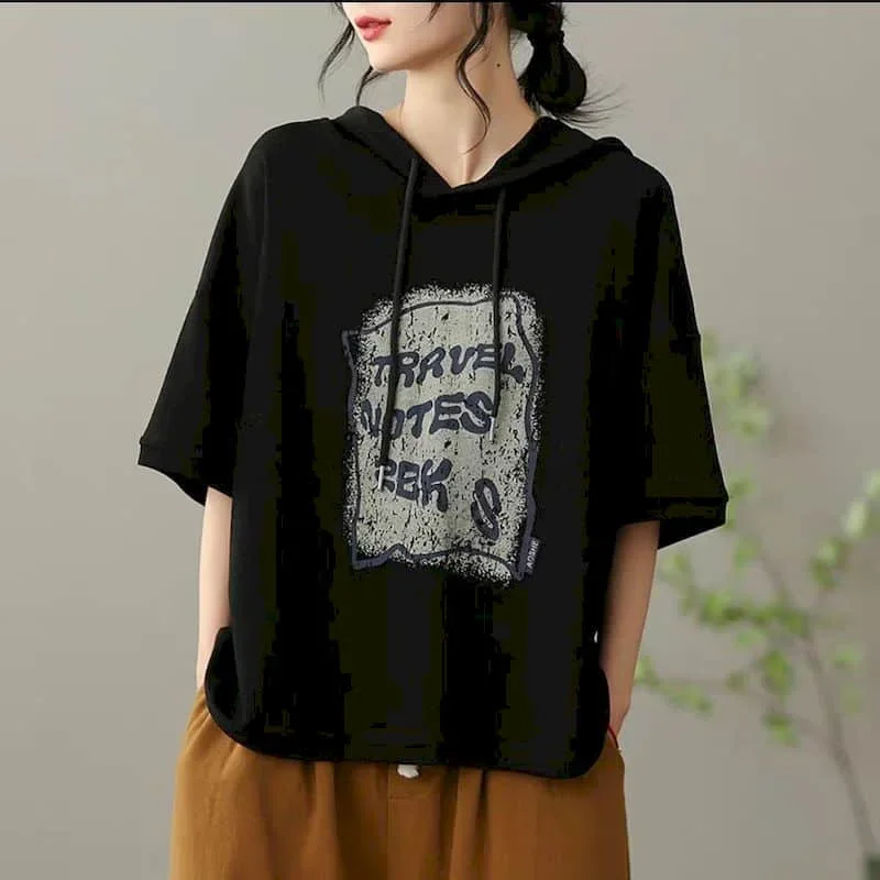 

Pop Literary T-shirts For Women Hooded Printed Tops Oversized Casual Loose Korean Style Half Sleeve Retro Aesthetic Clothes Tren
