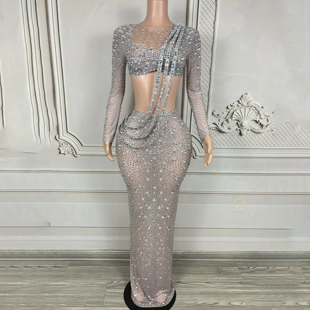 Luxury Sliver Sparkling Rhinestone Sexy Stretch Mesh Long Dress Women Performance Costume Club Evening Party Photoshoot Dress