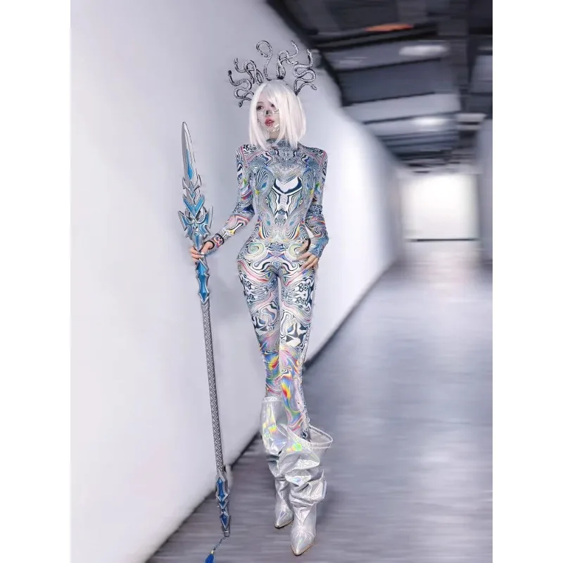 

Nightclubs Bars Sexy Jumpsuit Laser DJ Performance Cosplay Costume Multicolour Printing Holiday Party Elastic Bodysuits Women