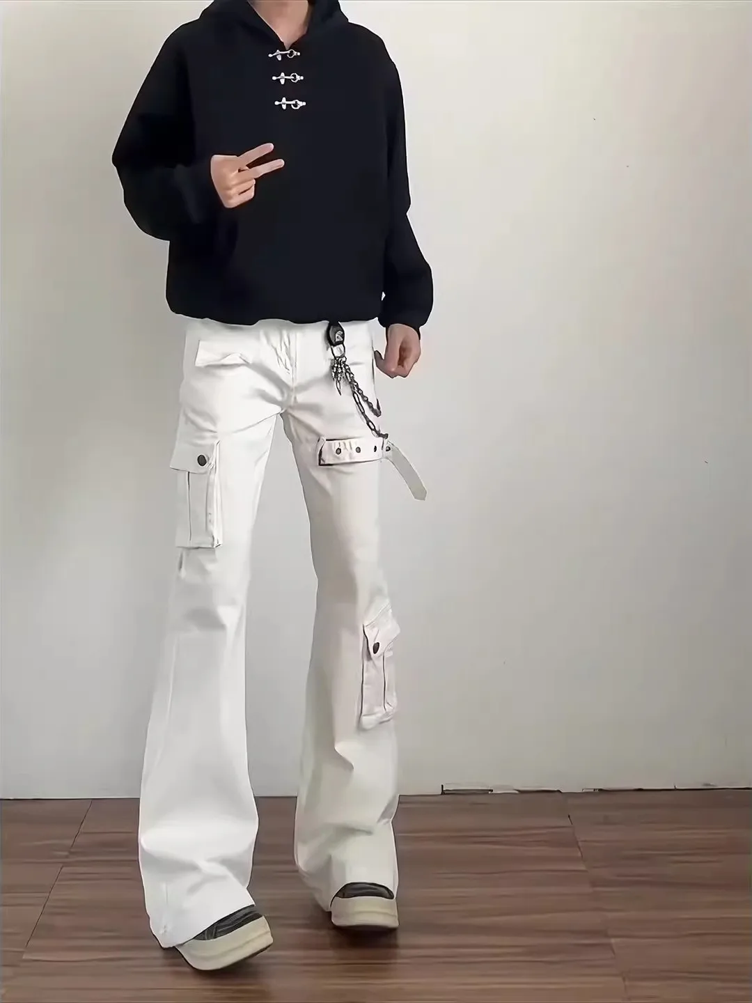 

Cleanfit White Vibe Men's Jeans Slim Fit Bootcut Workwear Long Pants Belt Design mid Waist Zipper Closure Youth Faion